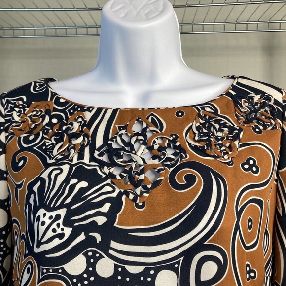 Tory Burch Silk Top Sz 4 Navy Brown Abstract Print Fall Colors Classic Tailored - Picture 4 of 10
